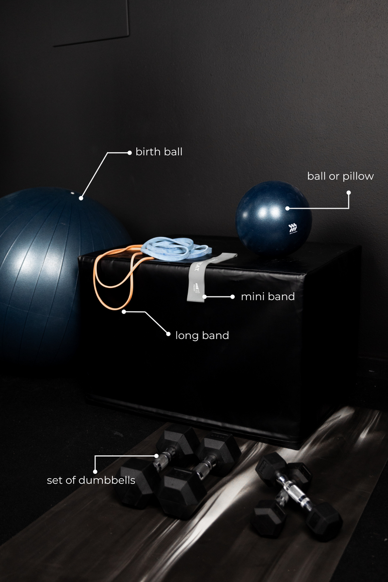 The gear suggested for the momday pregnancy workout programs includes a ball for pregnancy ball exercises, dumbbells, and long and short resistant bands.