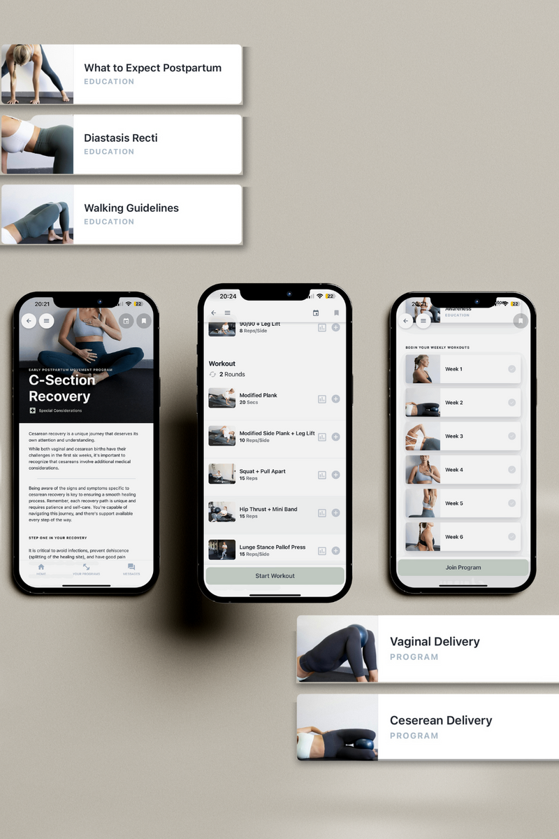 An overview of the momday app and pregnancy workout program on multiple example phones. One phone shows the cesarean recovery workout, another section references a diastasis recti article, and the other 2 phones show the workout names and weekly schedule.  
